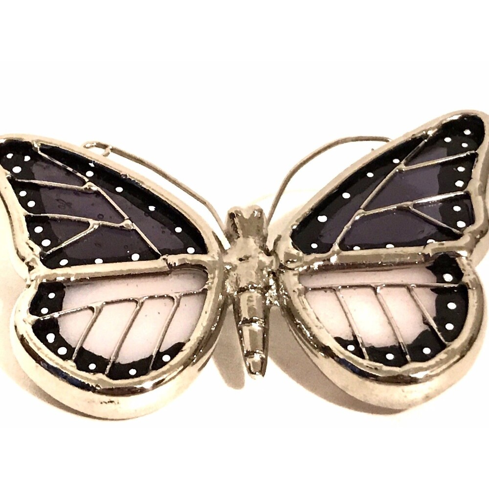 Butterfly Pin Brooch Stained Glass Purple Silver Tone